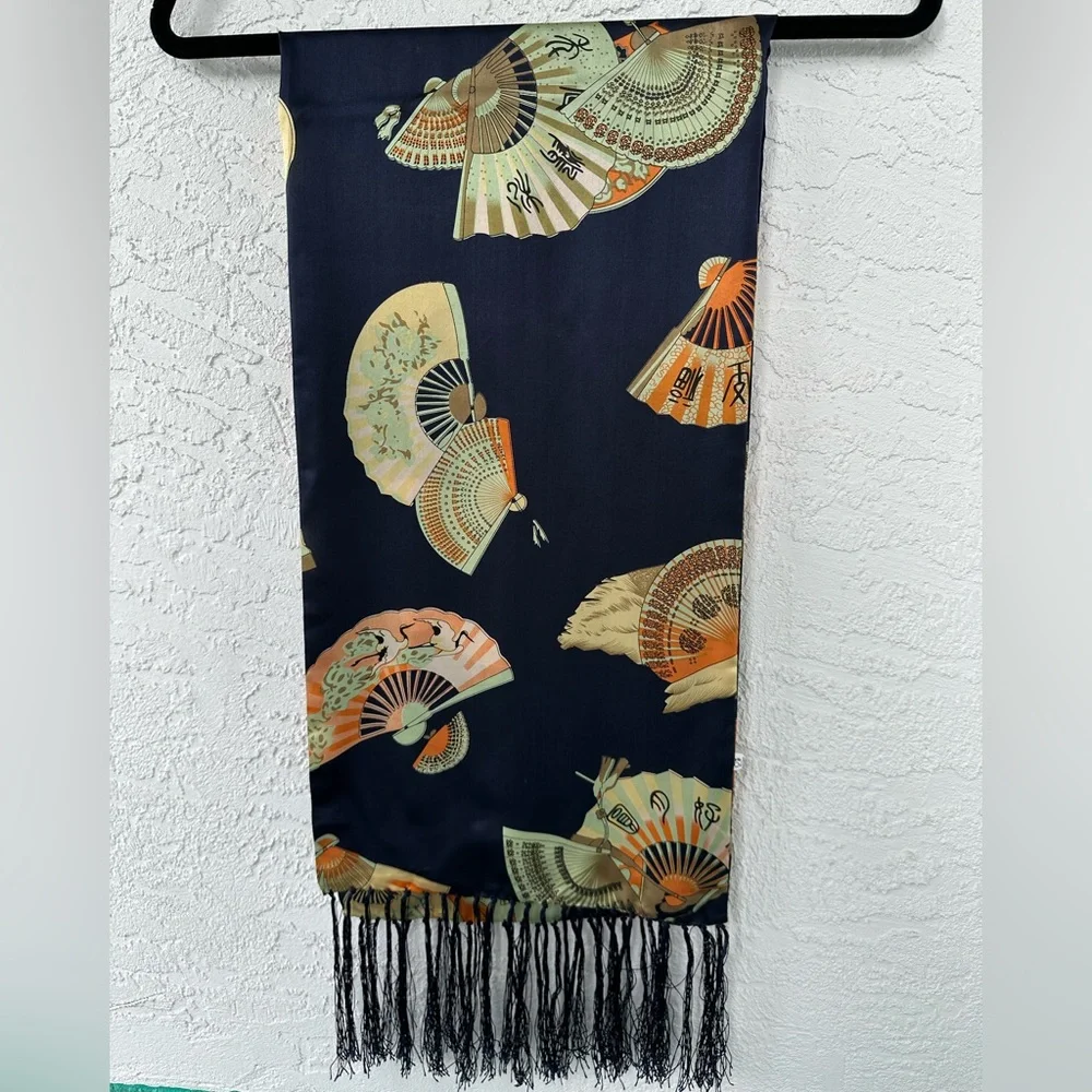 Scarf Silk Fan Pattern Fringe 44” X 10 1/2”